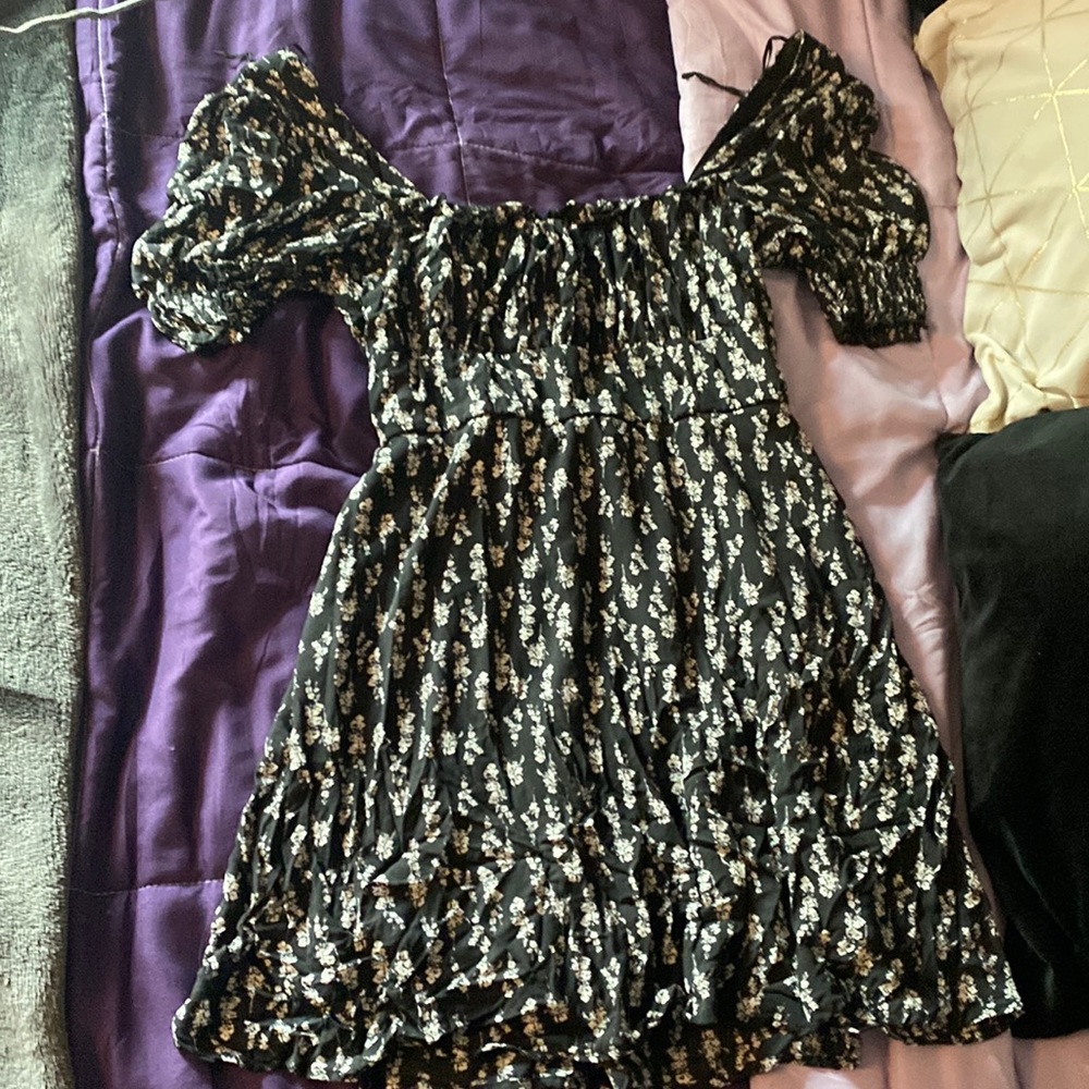 Off the shoulder black mini dress with white while Floral print